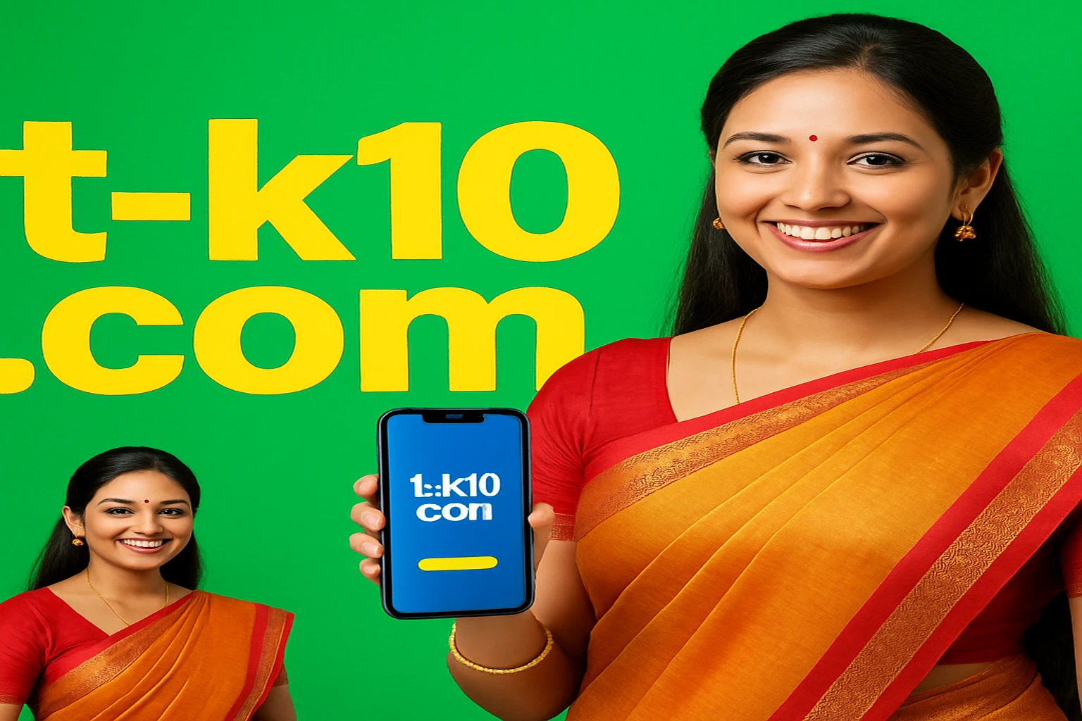 মোবাইল অ্যাপ ডাউনলোড প্রচারের জন্য tk10 প্ল্যাটফর্মে স্মার্টফোন হাতে ঐতিহ্যবাহী পোশাক পরা একজন নারী