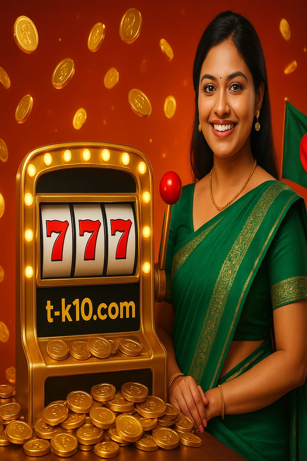 tk10 গেমিং প্ল্যাটফর্মের বোনাস প্রচারের ছবিতে সবুজ সারি পরা এক ভারতীয় নারী কার্ড হাতে, অ্যারকেড গেম, ডাইস, সোনার কয়েন এবং বাংলাদেশের পতাকার পটভূমি দেখা যাচ্ছে।