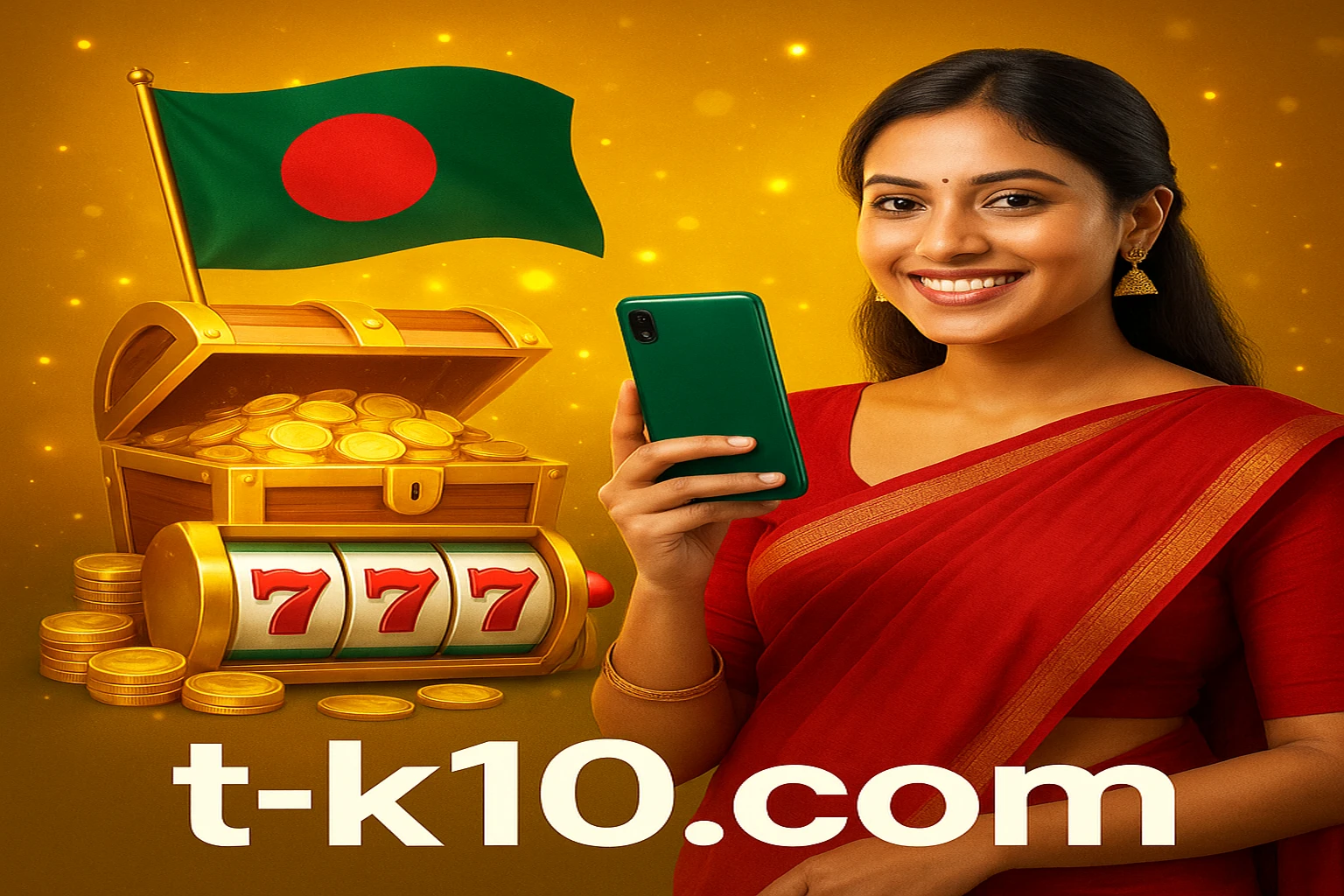 tk10 গেমিং প্ল্যাটফর্মের বোনাস প্রচারের ব্যানারে লাল সারি পরা একটি ভারতীয় নারী স্মার্টফোন হাতে ধরে কার্ড খেলছেন এবং অ্যারকেড গেম, ধন-ভাণ্ডারের বাক্স, ডাইসসহ বাংলাদেশের পতাকা পটভূমিতে রয়েছে।